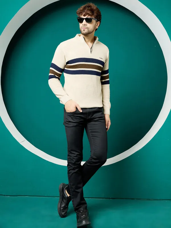Cream_Mens_Half_Zipper_Self_Knitted_Striped_Sweater
