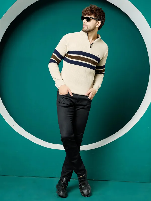 Cream_Mens_Half_Zipper_Self_Knitted_Striped_Sweater