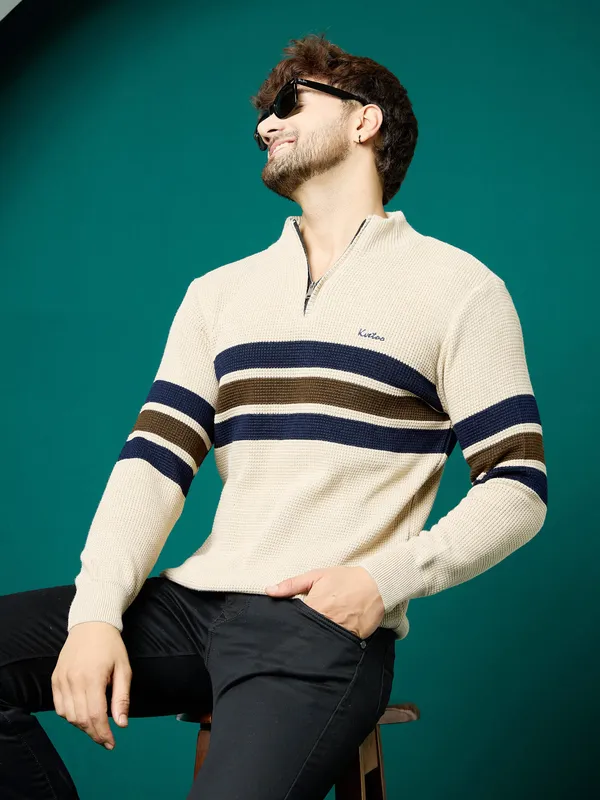 Cream_Mens_Half_Zipper_Self_Knitted_Striped_Sweater