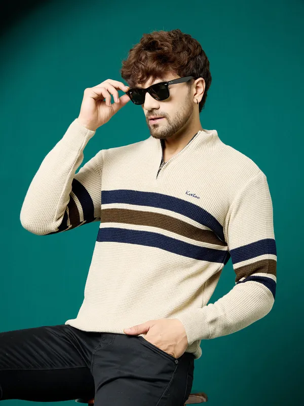 Cream_Mens_Half_Zipper_Self_Knitted_Striped_Sweater