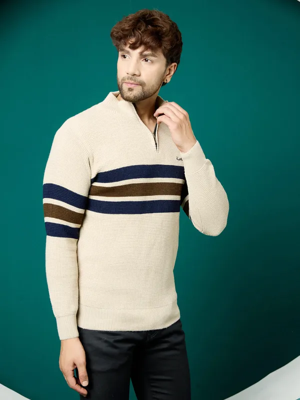 Cream_Mens_Half_Zipper_Self_Knitted_Striped_Sweater