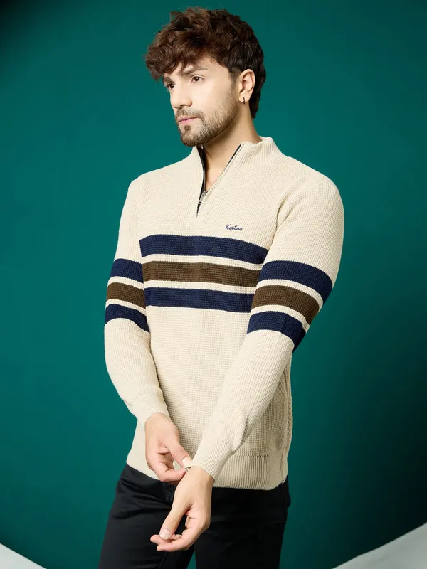 Cream_Mens_Half_Zipper_Self_Knitted_Striped_Sweater