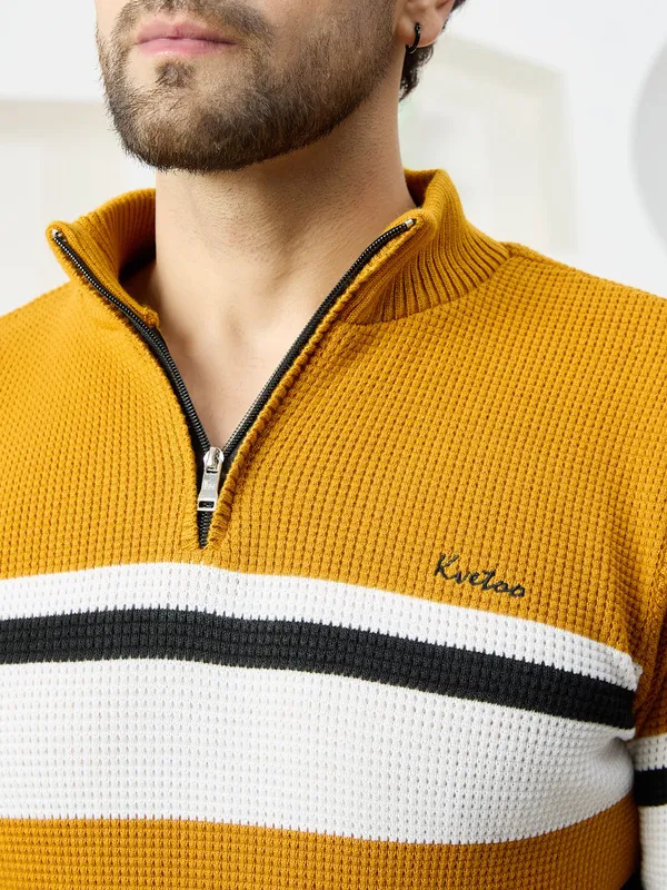 Mustard_Mens_Half_Zipper_Self_Knitted_Striped_Sweater