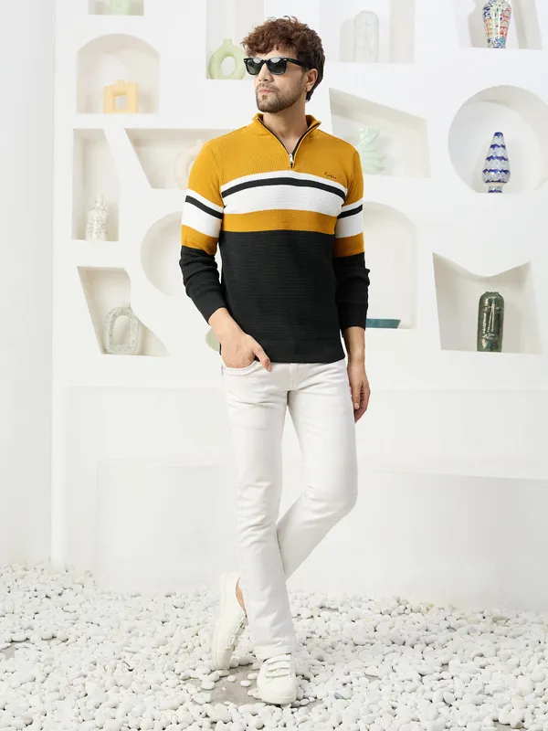 Mustard_Mens_Half_Zipper_Self_Knitted_Striped_Sweater