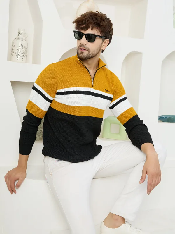 Mustard_Mens_Half_Zipper_Self_Knitted_Striped_Sweater
