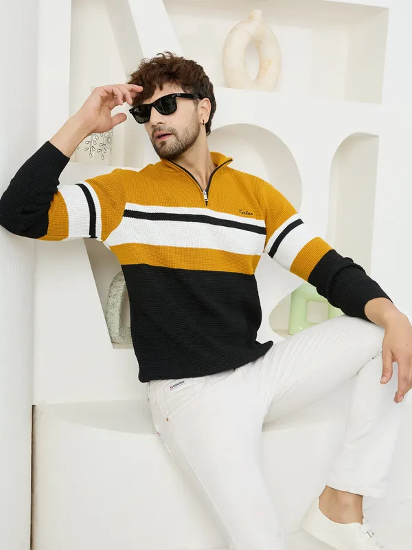 Mustard_Mens_Half_Zipper_Self_Knitted_Striped_Sweater