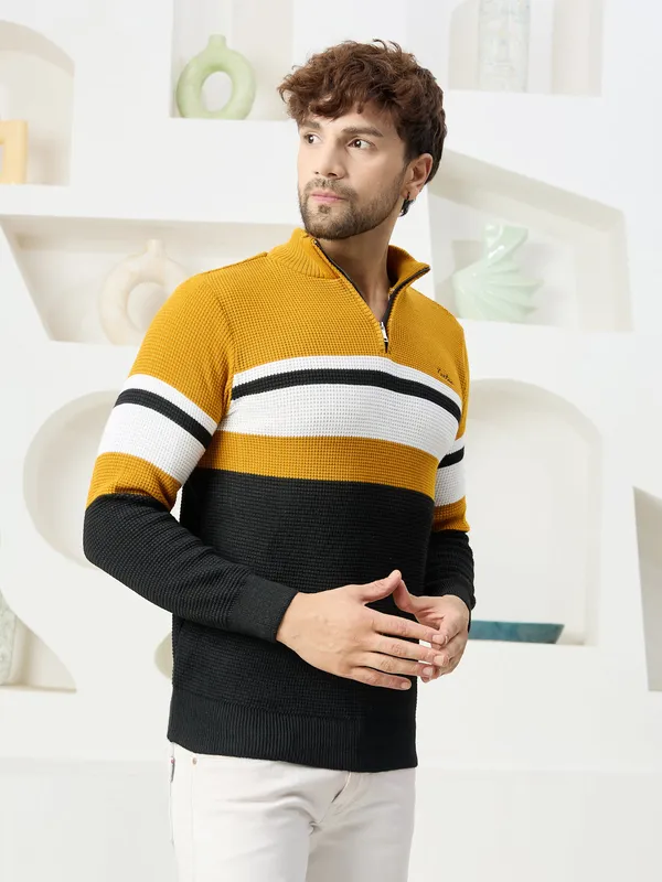 Mustard_Mens_Half_Zipper_Self_Knitted_Striped_Sweater