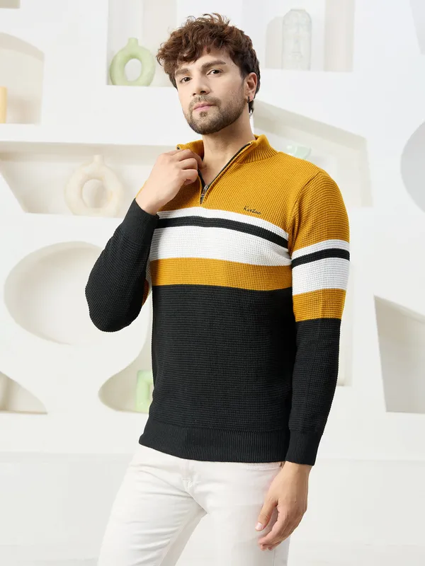 Mustard_Mens_Half_Zipper_Self_Knitted_Striped_Sweater