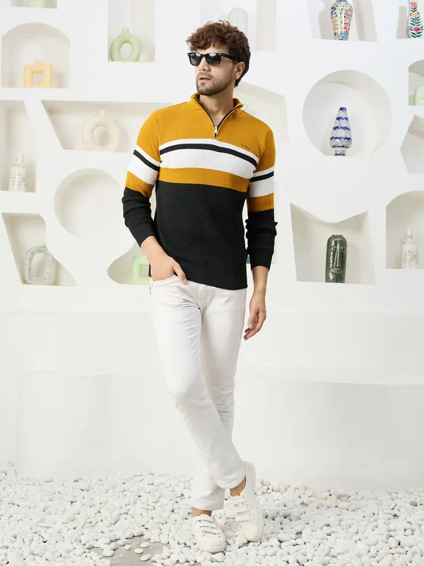 Mustard_Mens_Half_Zipper_Self_Knitted_Striped_Sweater