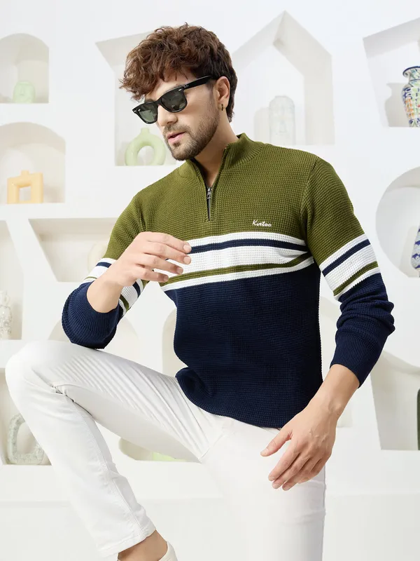 Olive_Mens_Half_Zipper_Self_Knitted_Striped_Sweater