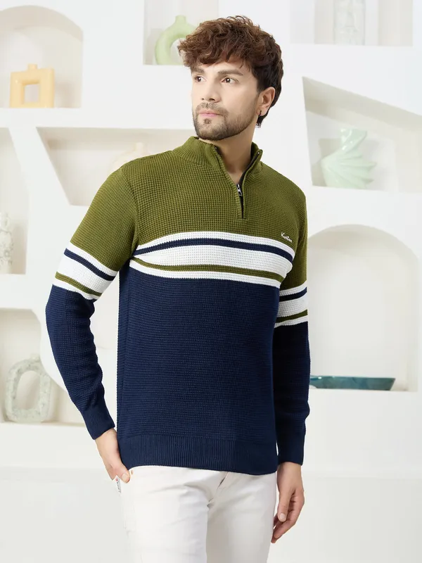 Olive_Mens_Half_Zipper_Self_Knitted_Striped_Sweater