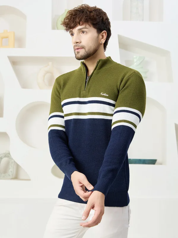 Olive_Mens_Half_Zipper_Self_Knitted_Striped_Sweater