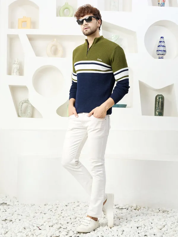 Olive_Mens_Half_Zipper_Self_Knitted_Striped_Sweater