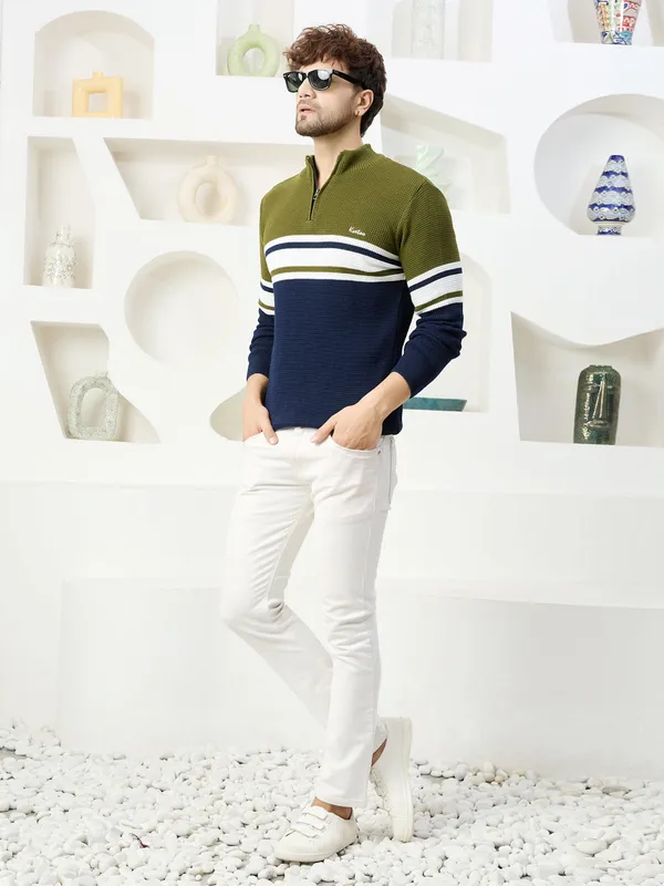 Olive_Mens_Half_Zipper_Self_Knitted_Striped_Sweater