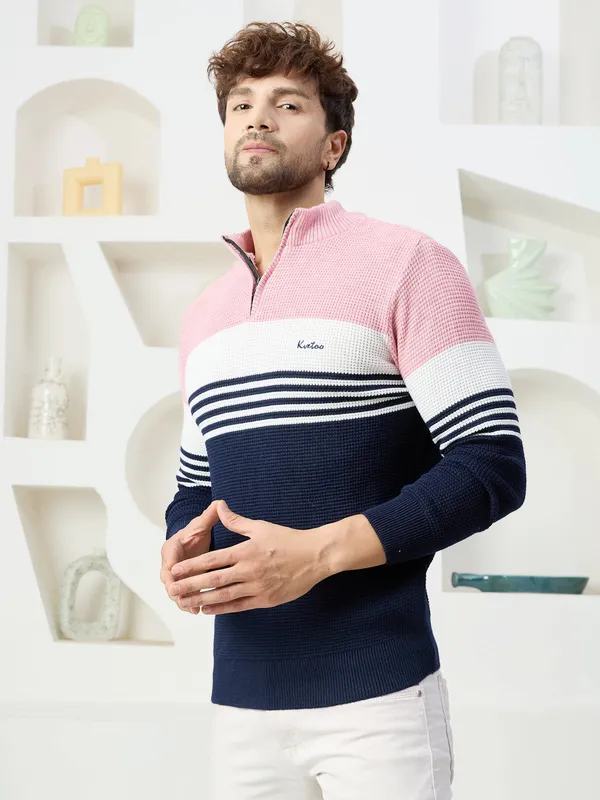 Pink_Mens_Half_Zipper_Self_Knitted_Striped_Sweater