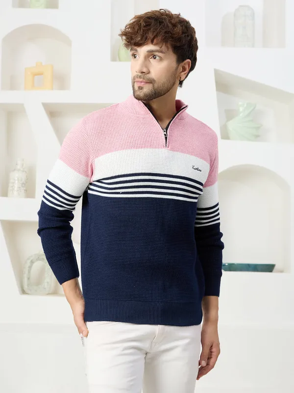 Pink_Mens_Half_Zipper_Self_Knitted_Striped_Sweater
