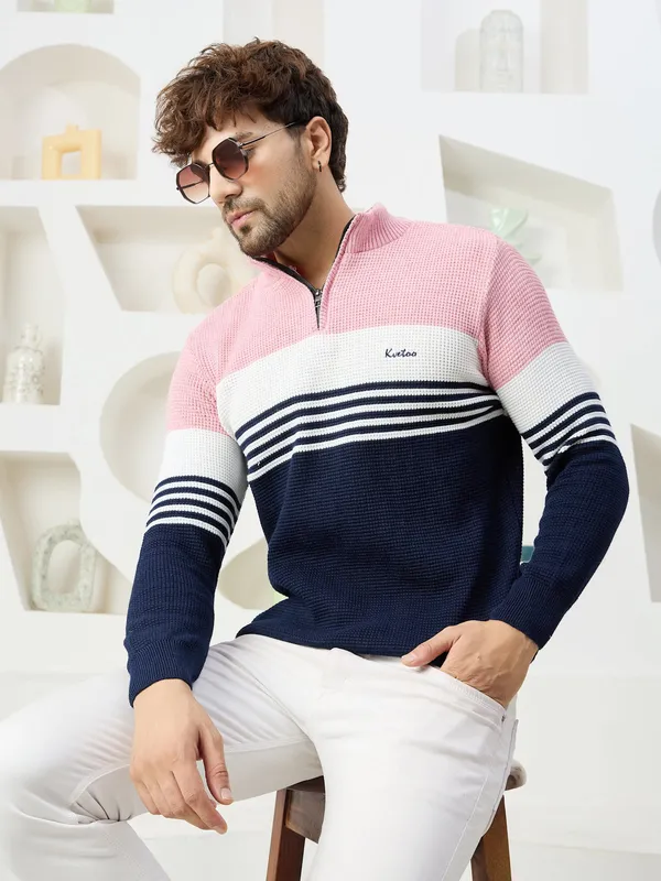 Pink_Mens_Half_Zipper_Self_Knitted_Striped_Sweater