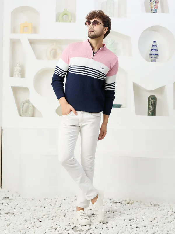 Pink_Mens_Half_Zipper_Self_Knitted_Striped_Sweater