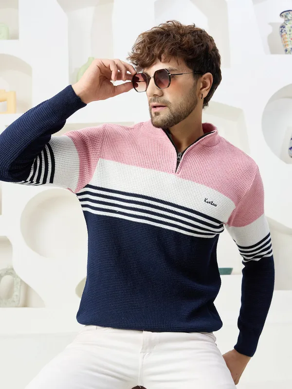 Pink_Mens_Half_Zipper_Self_Knitted_Striped_Sweater