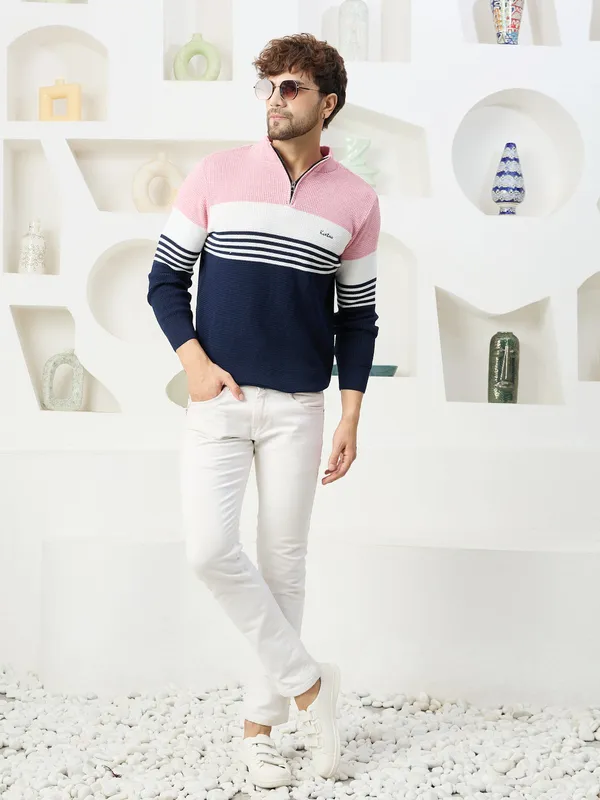 Pink_Mens_Half_Zipper_Self_Knitted_Striped_Sweater