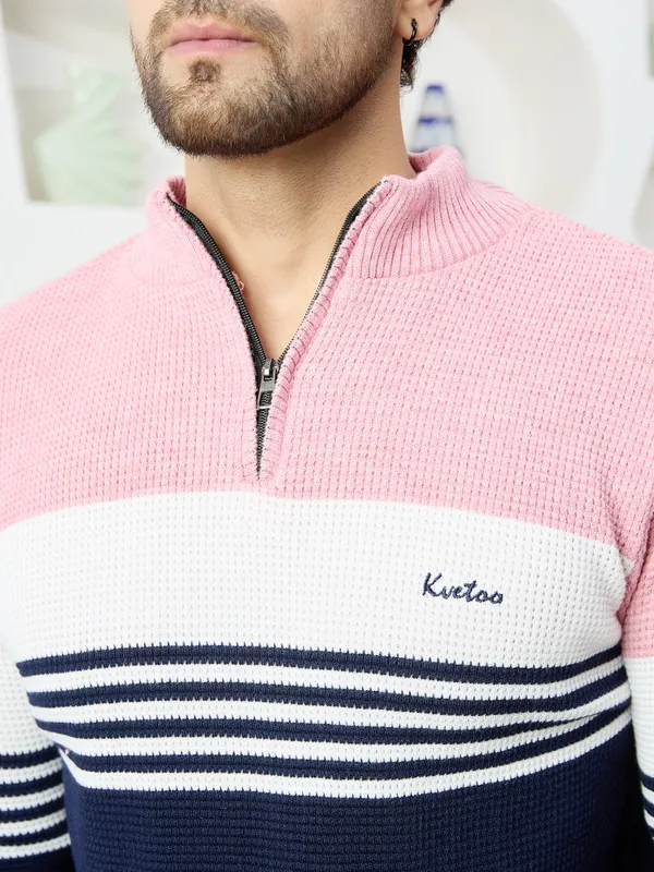 Pink_Mens_Half_Zipper_Self_Knitted_Striped_Sweater