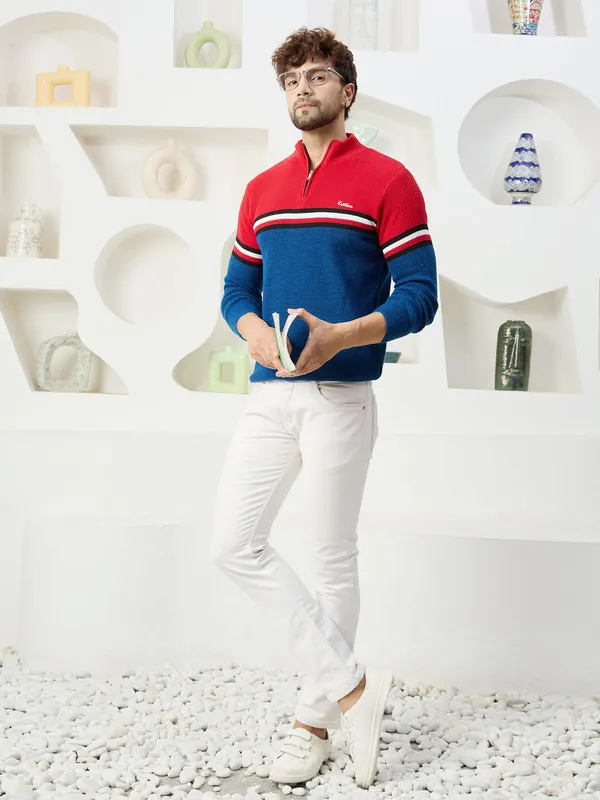 Red_Mens_Half_Zipper_Self_Knitted_Striped_Sweater