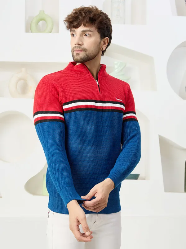 Red_Mens_Half_Zipper_Self_Knitted_Striped_Sweater