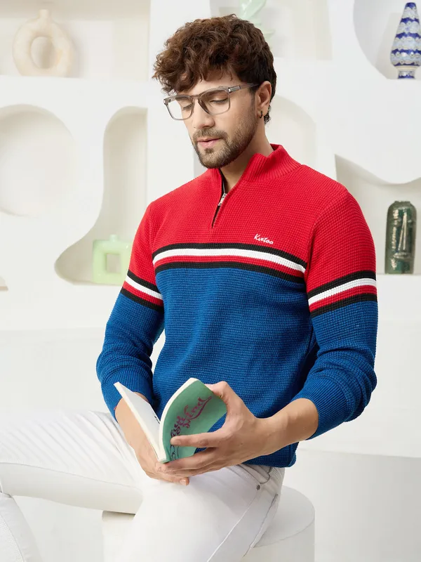 Red_Mens_Half_Zipper_Self_Knitted_Striped_Sweater