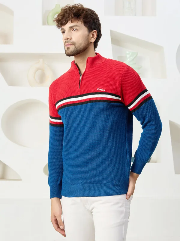 Red_Mens_Half_Zipper_Self_Knitted_Striped_Sweater