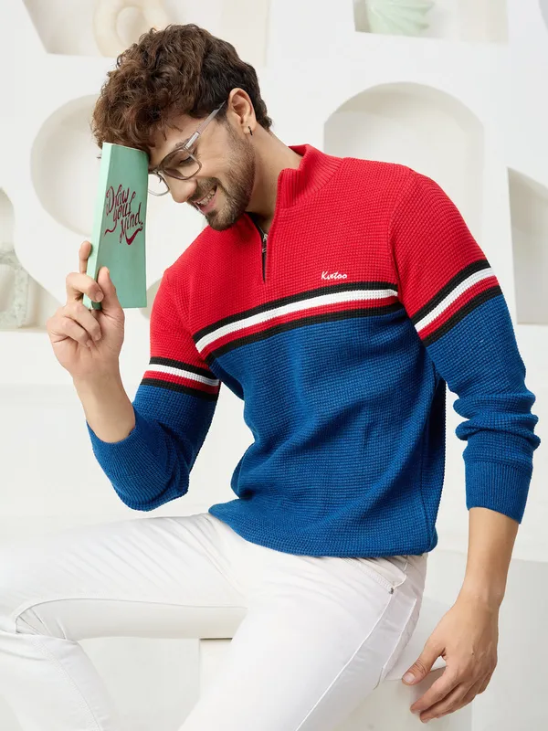 Red_Mens_Half_Zipper_Self_Knitted_Striped_Sweater