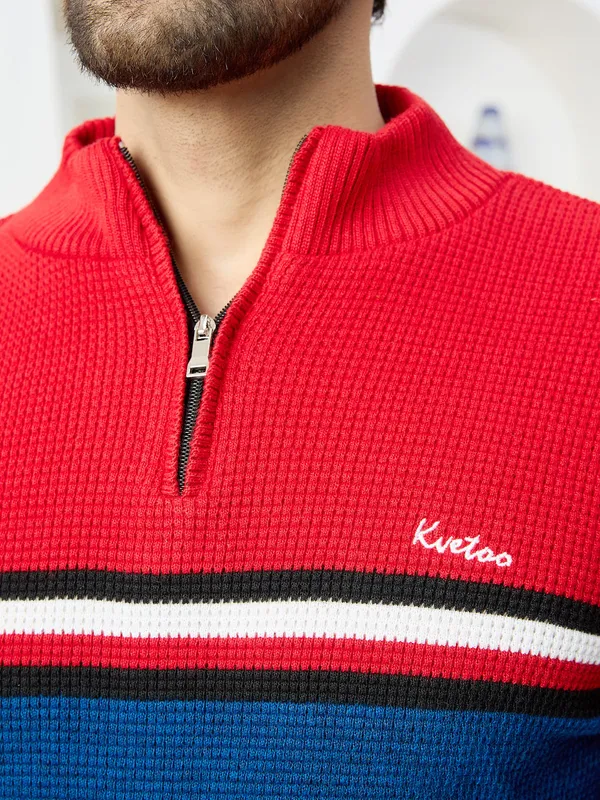 Red_Mens_Half_Zipper_Self_Knitted_Striped_Sweater