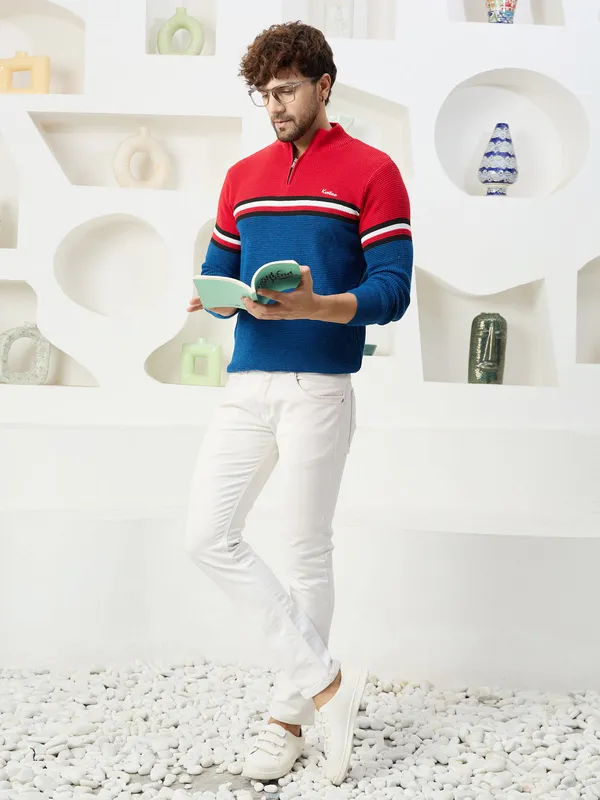 Red_Mens_Half_Zipper_Self_Knitted_Striped_Sweater