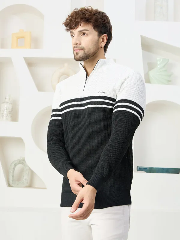 White_Mens_Half_Zipper_Self_Knitted_Striped_Sweater