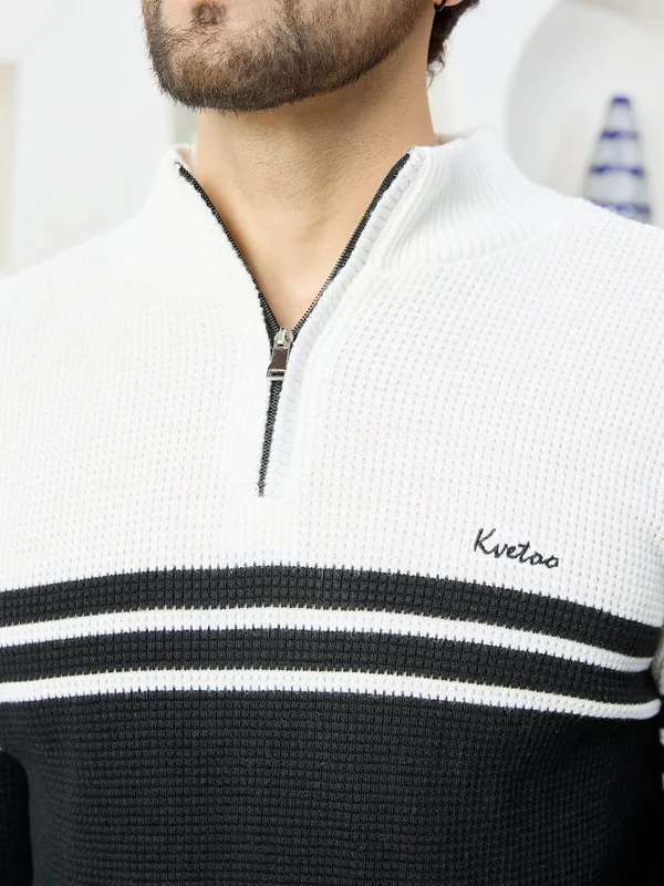 White_Mens_Half_Zipper_Self_Knitted_Striped_Sweater
