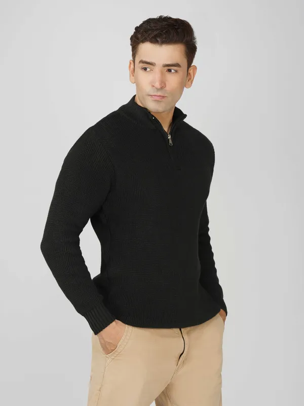 Black_Men's_High_Neck_Quarter_Zip_Wool_Sweater_Knitted_Winter_Pullover_For_Office_&_Casual_Wear