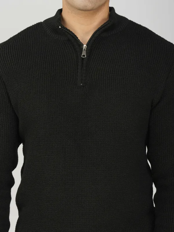 Black_Men's_High_Neck_Quarter_Zip_Wool_Sweater_Knitted_Winter_Pullover_For_Office_&_Casual_Wear