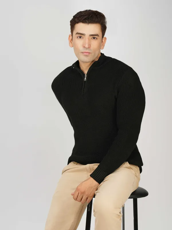 Black_Men's_High_Neck_Quarter_Zip_Wool_Sweater_Knitted_Winter_Pullover_For_Office_&_Casual_Wear