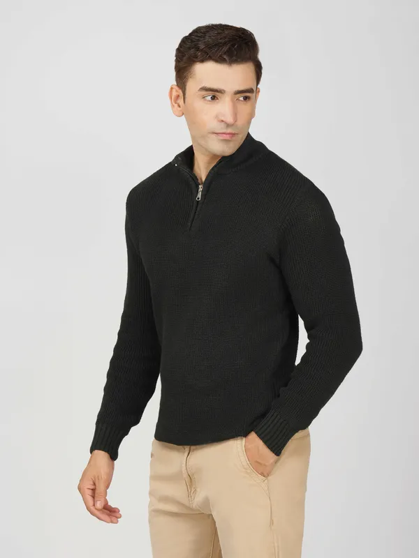 Black_Men's_High_Neck_Quarter_Zip_Wool_Sweater_Knitted_Winter_Pullover_For_Office_&_Casual_Wear