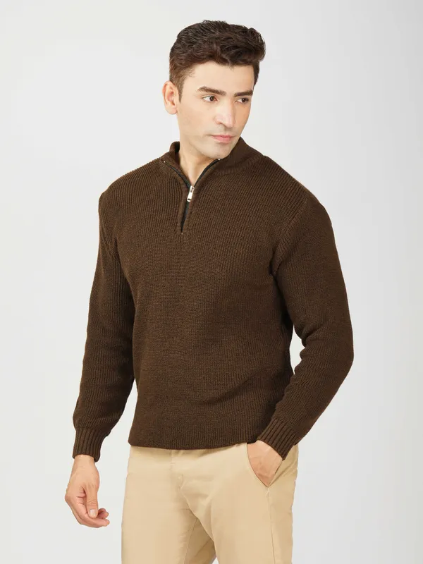 Brown_Men's_High_Neck_Quarter_Zip_Wool_Sweater_Knitted_Winter_Pullover_For_Office_&_Casual_Wear