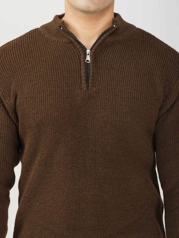 Brown_Men's_High_Neck_Quarter_Zip_Wool_Sweater_Knitted_Winter_Pullover_For_Office_&_Casual_Wear