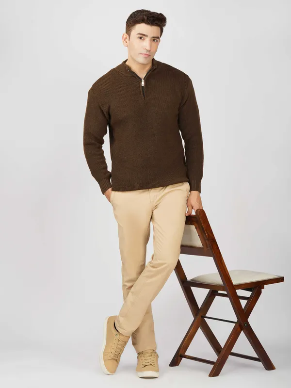 Brown_Men's_High_Neck_Quarter_Zip_Wool_Sweater_Knitted_Winter_Pullover_For_Office_&_Casual_Wear
