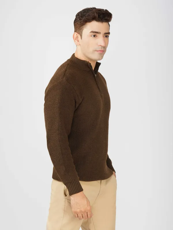Brown_Men's_High_Neck_Quarter_Zip_Wool_Sweater_Knitted_Winter_Pullover_For_Office_&_Casual_Wear