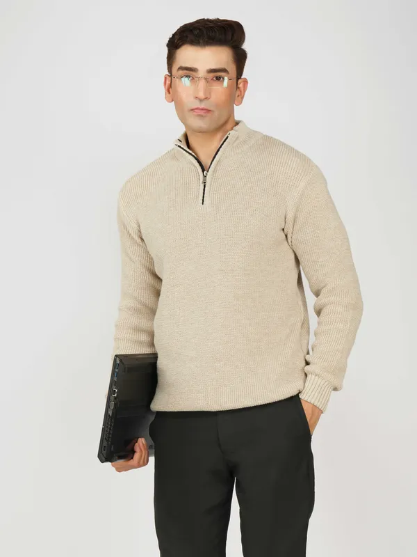 Cream_Men's_High_Neck_Quarter_Zip_Wool_Sweater_Knitted_Winter_Pullover_For_Office_&_Casual_Wear
