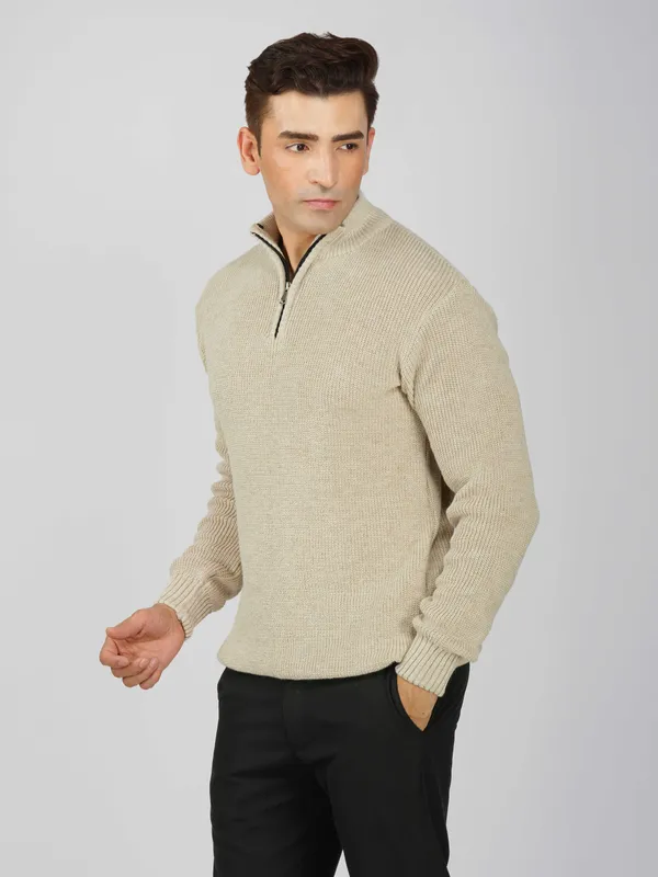 Cream_Men's_High_Neck_Quarter_Zip_Wool_Sweater_Knitted_Winter_Pullover_For_Office_&_Casual_Wear