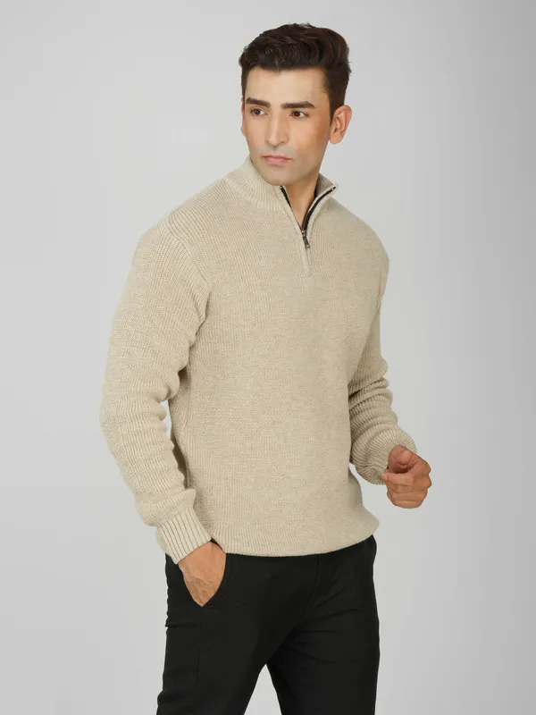 Cream_Men's_High_Neck_Quarter_Zip_Wool_Sweater_Knitted_Winter_Pullover_For_Office_&_Casual_Wear