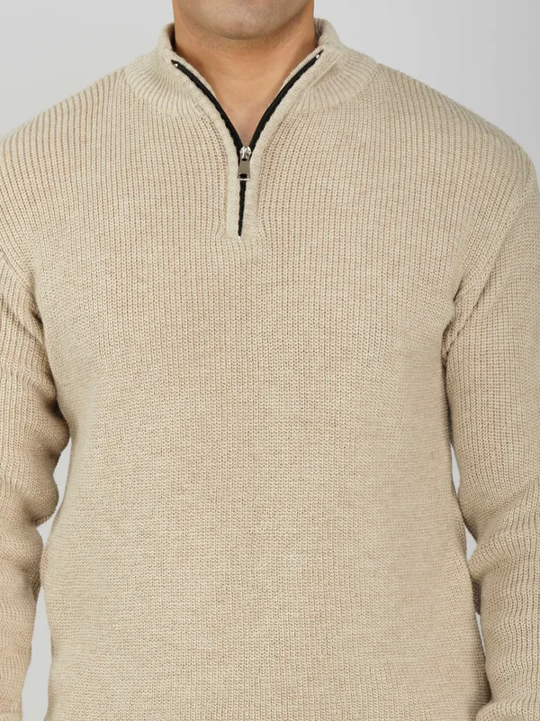 Cream_Men's_High_Neck_Quarter_Zip_Wool_Sweater_Knitted_Winter_Pullover_For_Office_&_Casual_Wear