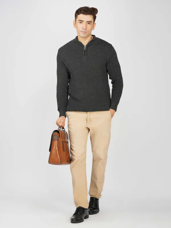 Dark-Grey_Men's_High_Neck_Quarter_Zip_Wool_Sweater_Knitted_Winter_Pullover_For_Office_&_Casual_Wear