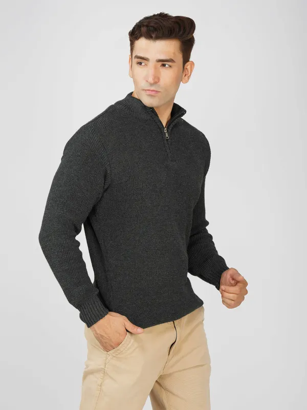 Dark-Grey_Men's_High_Neck_Quarter_Zip_Wool_Sweater_Knitted_Winter_Pullover_For_Office_&_Casual_Wear