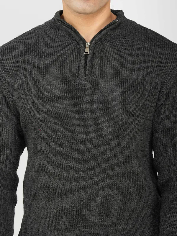 Dark-Grey_Men's_High_Neck_Quarter_Zip_Wool_Sweater_Knitted_Winter_Pullover_For_Office_&_Casual_Wear