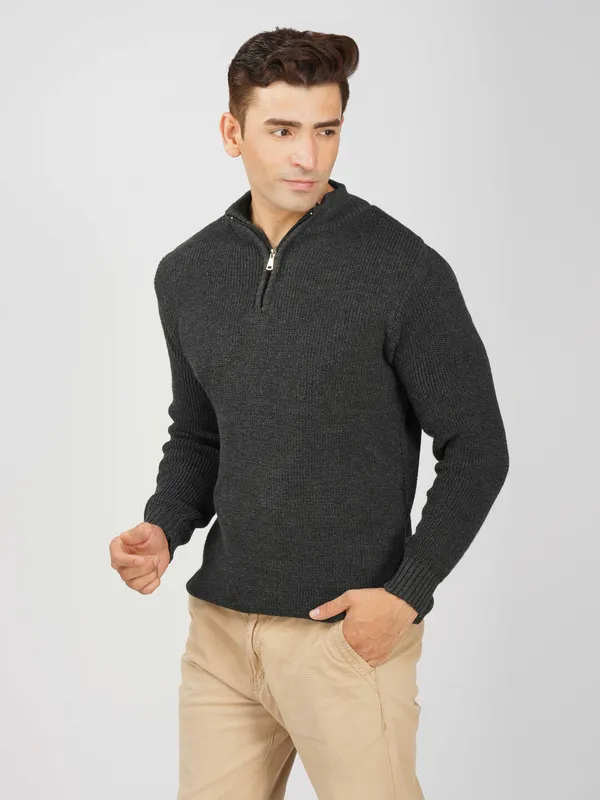 Dark-Grey_Men's_High_Neck_Quarter_Zip_Wool_Sweater_Knitted_Winter_Pullover_For_Office_&_Casual_Wear